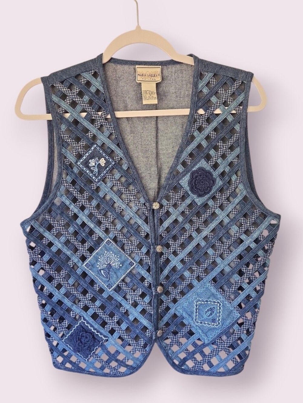 Vintage Denim‎ Lattice Floral Patchwork Vest Size M
